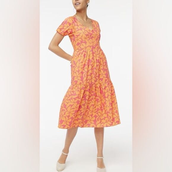 NWT J Crew Factory Size 2 Tiered Puff Sleeve V Neck Midi Preppy Dress - Picture 2 of 12